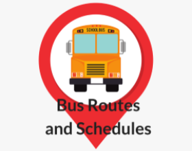 Yellow Bus with black tires, front view, Red location sign around the bus.  "Bus Routes and Schedules" written in black 
