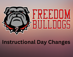 Bulldog with red collar with white spikes. Background faded red. "Freedom Bulldogs Instructional Day Changes"