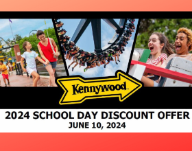 Middle Black Kennywood Yellow Arrow with rides and people in the background.