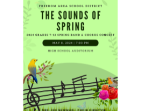 Our Spring concert series begins this Wednesday evening and features our  7-12th grade band and chorus students. The concert will begin at 7:00PM in the high school auditorium.  Graphic created by FMS student Abby Tedesco
