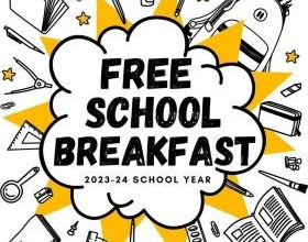 cloud image with yellow spikes.  School supplies on boarder.  "Free school Breakfast 2023-2024 Year"