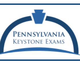 White background with a blue Pennsylvania state shield. Blue half circle.  In the half circle "Pennsylvania Keystone Exams" 