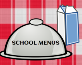 Red and White checkered background.  White and Blue Milk carton, Silver serving plate. "School Menus"