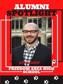 red frame, Alumni spotlight, Jeff Bishop, Black bottom with white paw prints