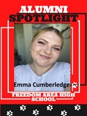 Alumni Spotlight red frame with picture white paws on bottom.  Emma Cumberledge