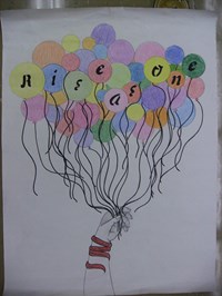 Poster of a hand holding many colorful balloons with letters that spell out "Rise As One"