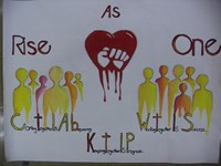 Poster of a heart with a hand in it, several colorful silhouettes of people, and the words "Rise As 