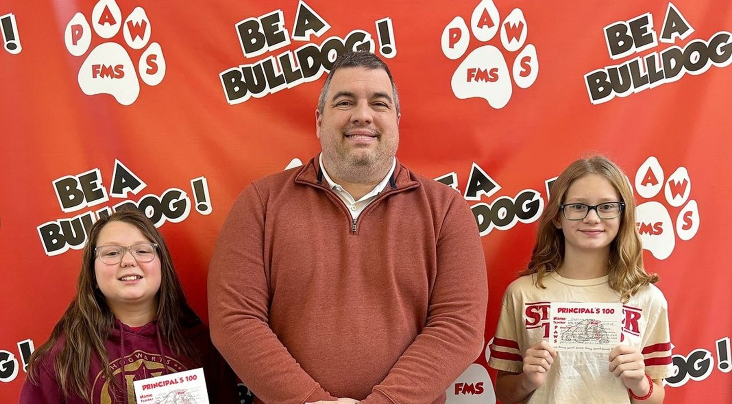 Students holding up white cards with red writing.  Background is red with paw prints.