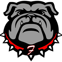 Gray bulldog with black outline, spiked red and white collar with a F on it