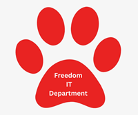 Red dog paw print. On the pad is the words Freedom IT department