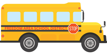 Yellow bus with a red stop sign.  On the side are the words Freedom area school district.